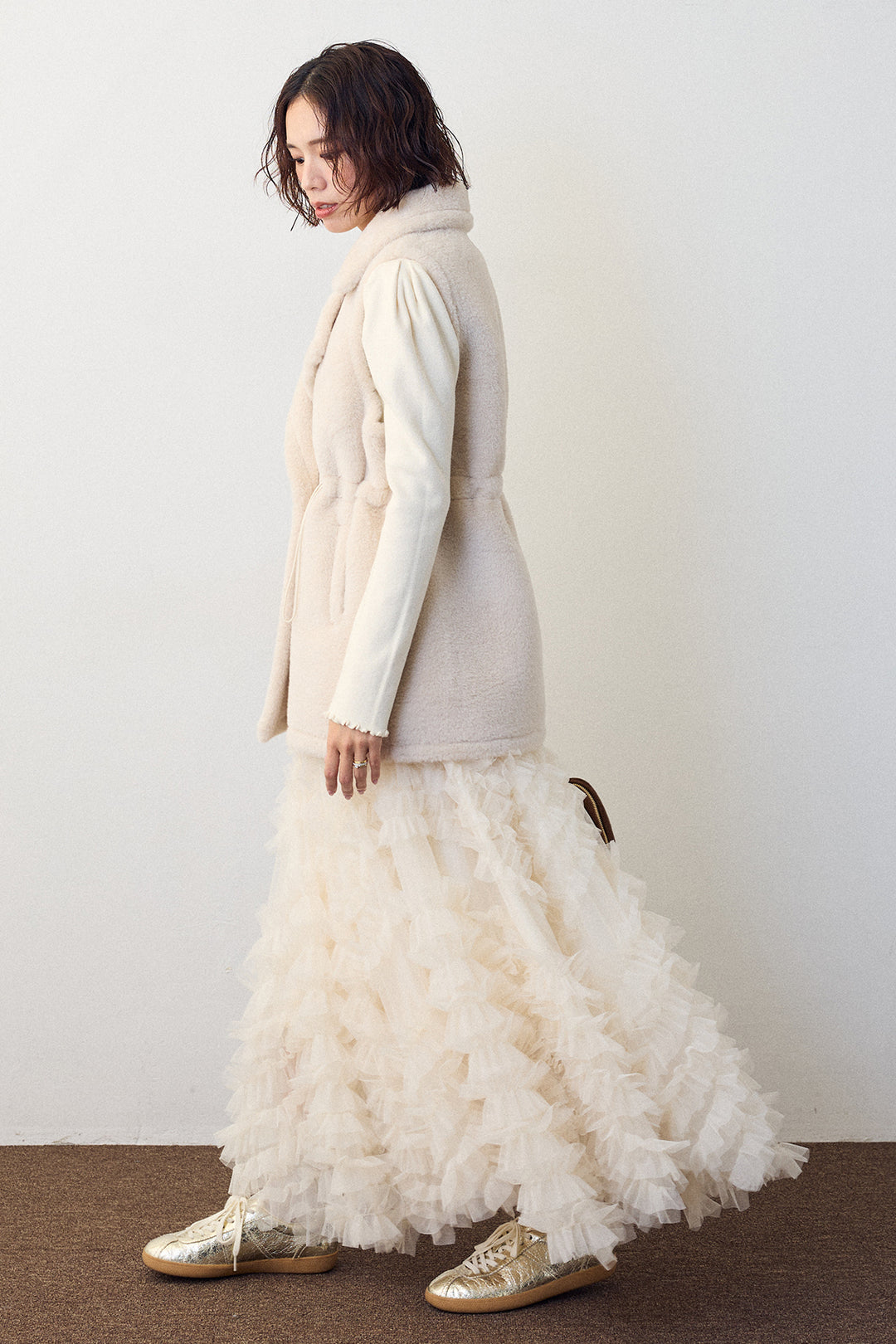 [予約/SET]テディボアウエストドロストベスト+スフレアシメチュールスカート(2set)