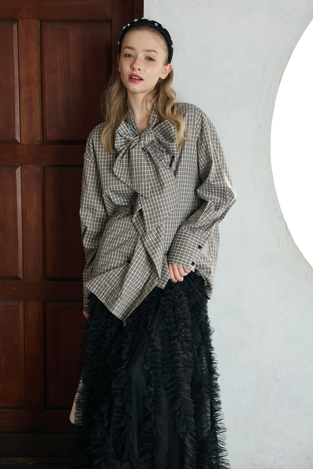 [予約/SET]マルチパターンボウタイアシメシャツ+Iラインホイップチュールスカート(2set)