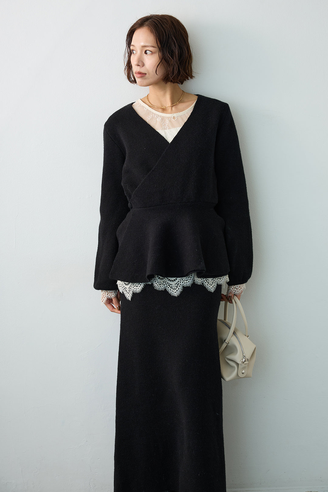 [予約/SET]ファインレーストップス+カシュクールフレアニットスカートセットアップ(2set)