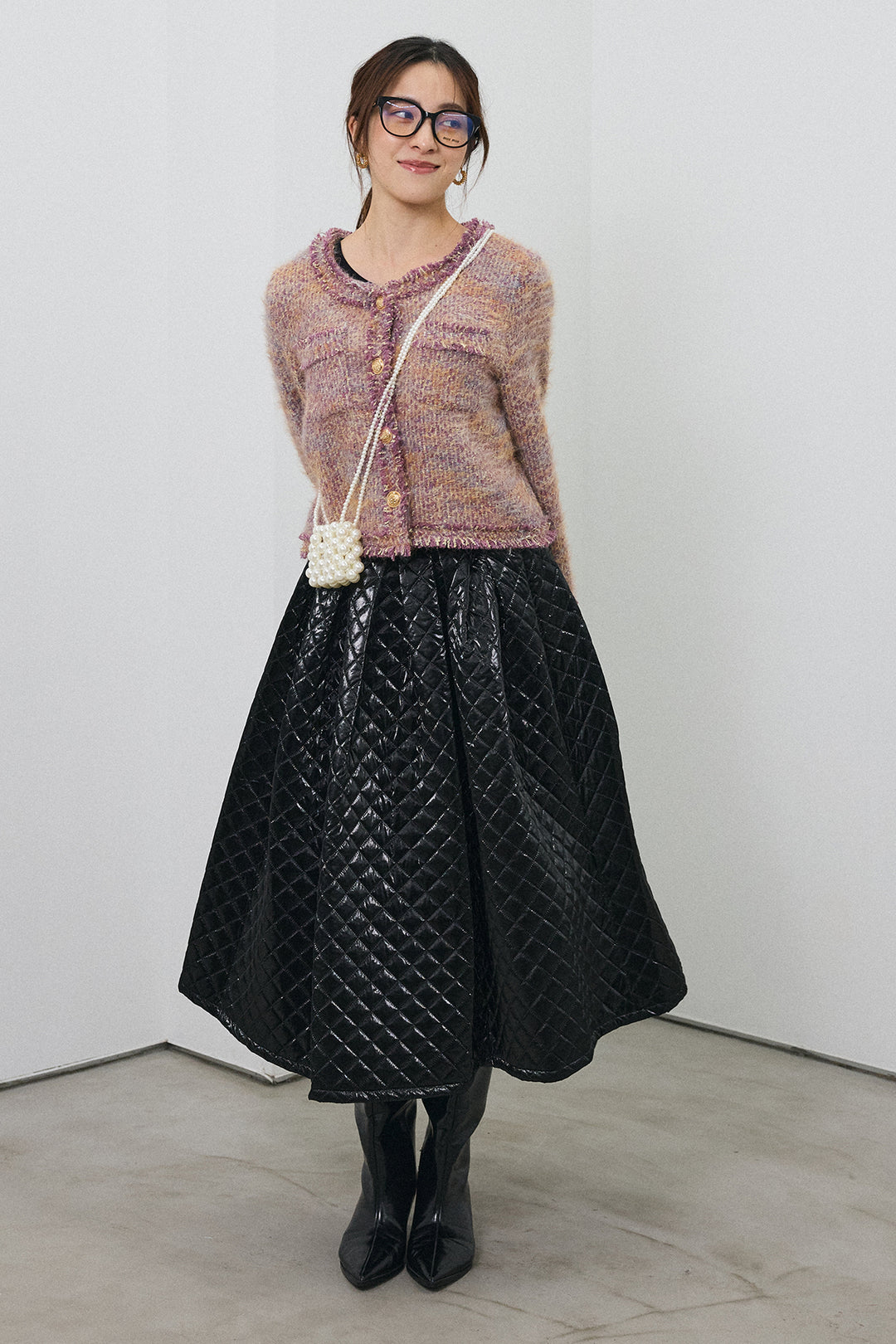 [予約/SET]カラーミックスツイードジャケット+メタリックキルティングフレアスカート(2set)