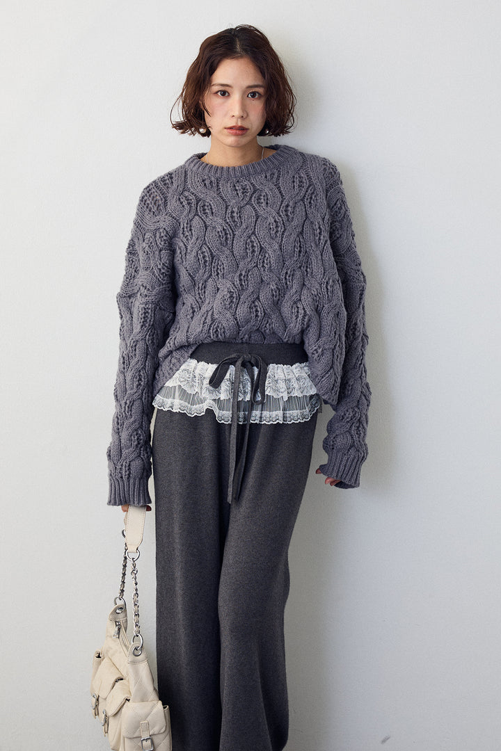 [予約/SET]ニュアンスケーブルクロップドニット+ウエストレースニットストレートパンツ(2set)
