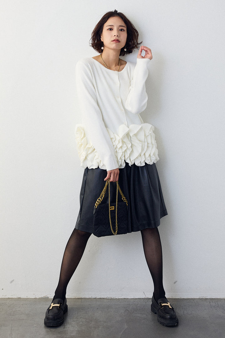 [予約/SET]フリルホイップニットカーディガン+レザーライクハーフパンツ(2set)