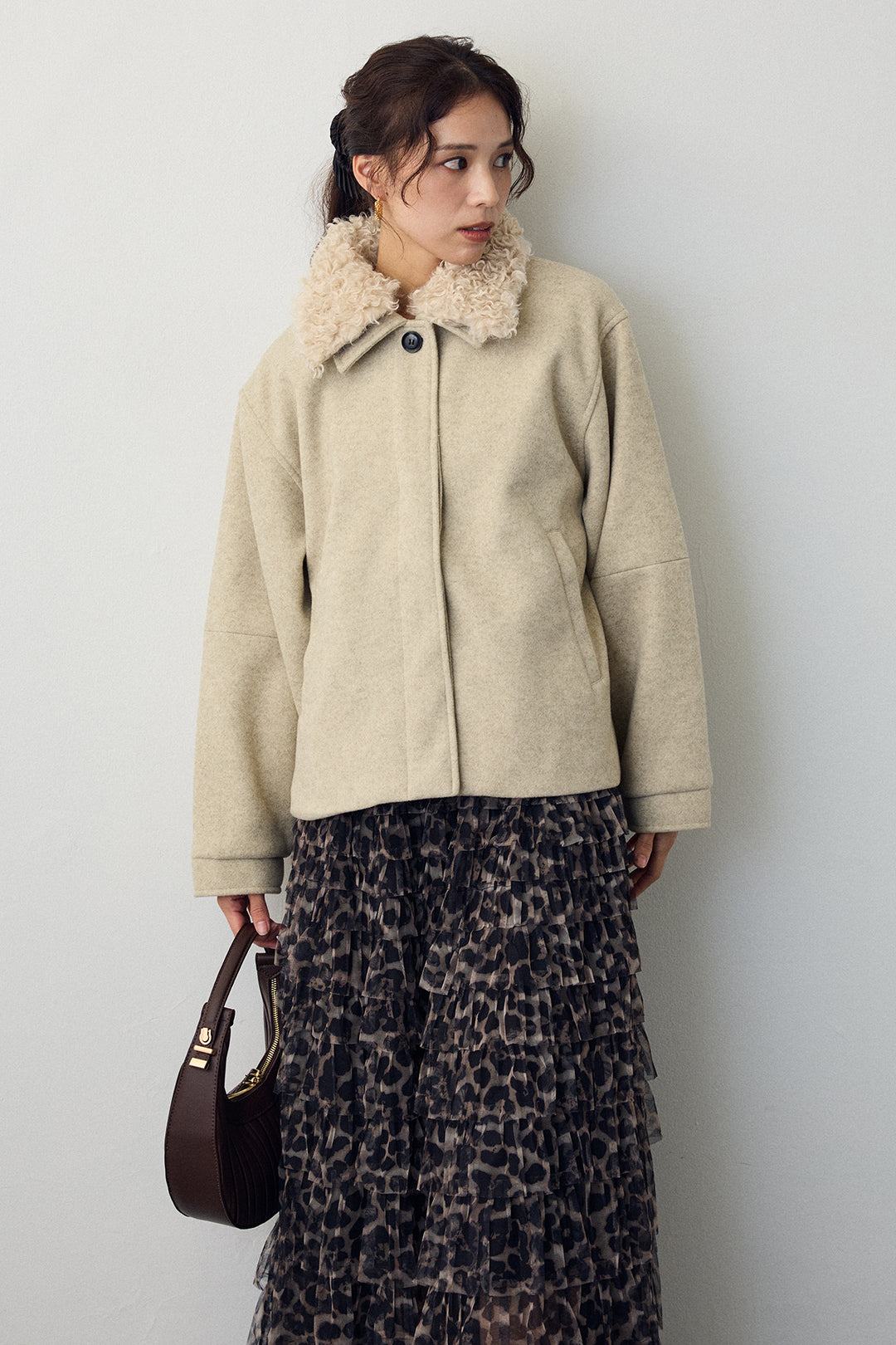 [予約/SET]プードル襟2wayコート+レオパードチュールティアードスカート(2set)