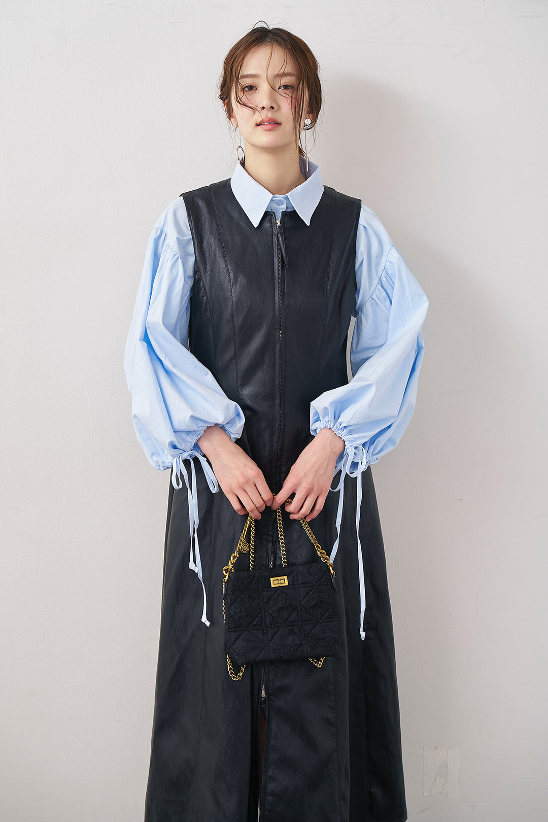 [予約/SET]ワイドスリーブドロストクロップドシャツ+フロントZIPレザーライクジャンスカ(2set)