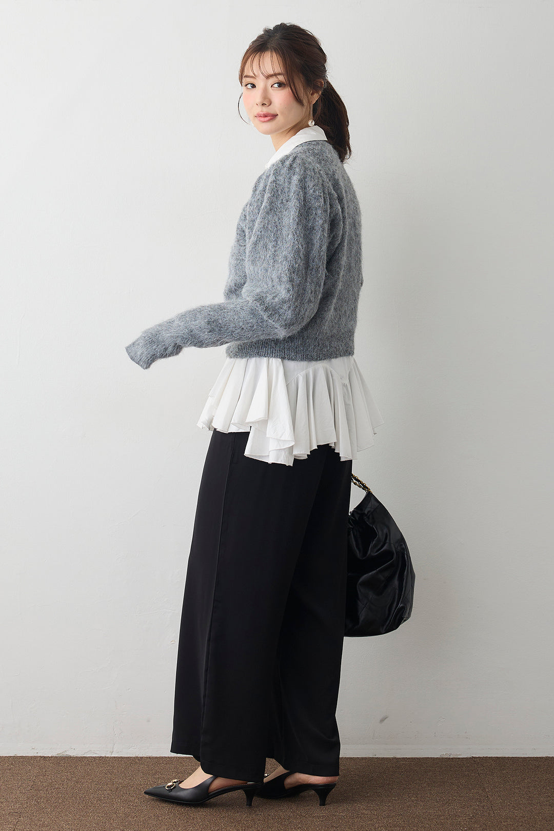 [予約/SET]モヘアパフスリーブプルオーバー+パネルフレアヘムシャツ+とろみドロストワイドパンツ(3set)