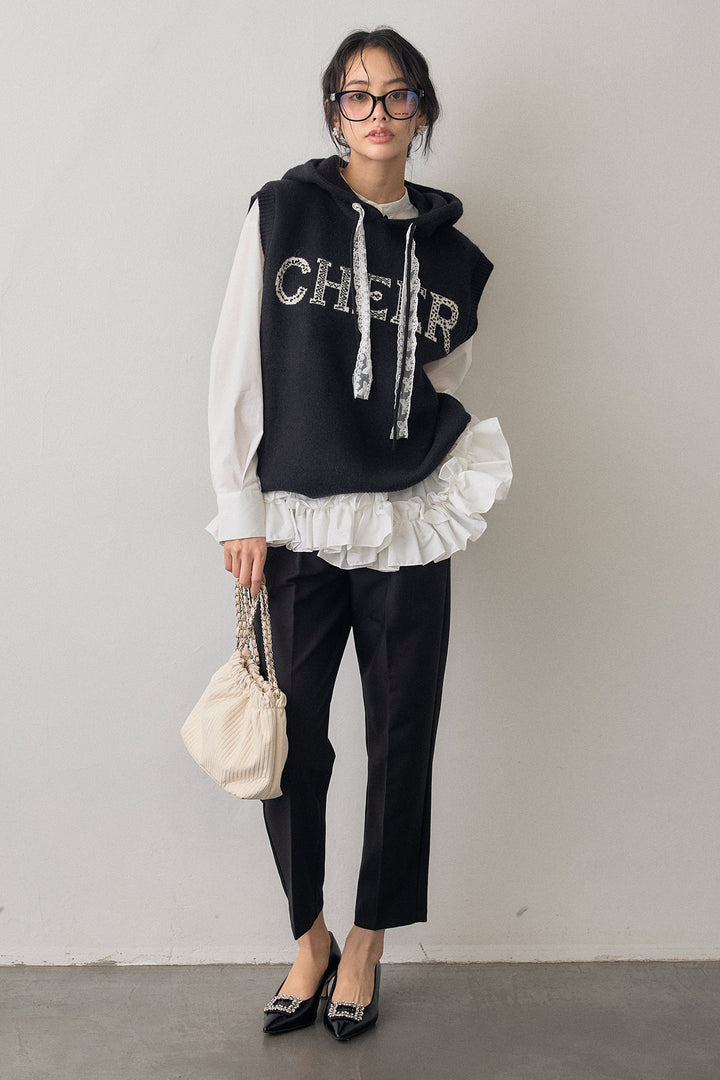 [予約/SET]パネルフレアヘムシャツ+レースリボンロゴフードスリーブレスニット+タックテーパードパンツ(3set)