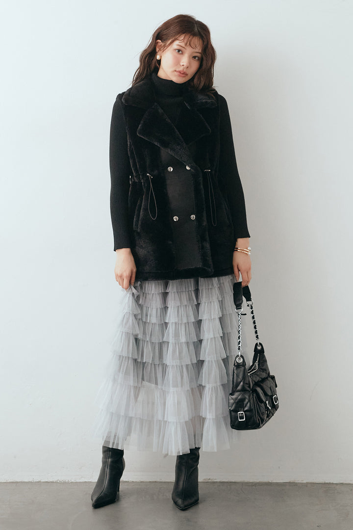 [予約/SET]ベーシックリブタートルニット+テディボアウエストドロストベスト+グラデーションチュールティアードスカート(3set)