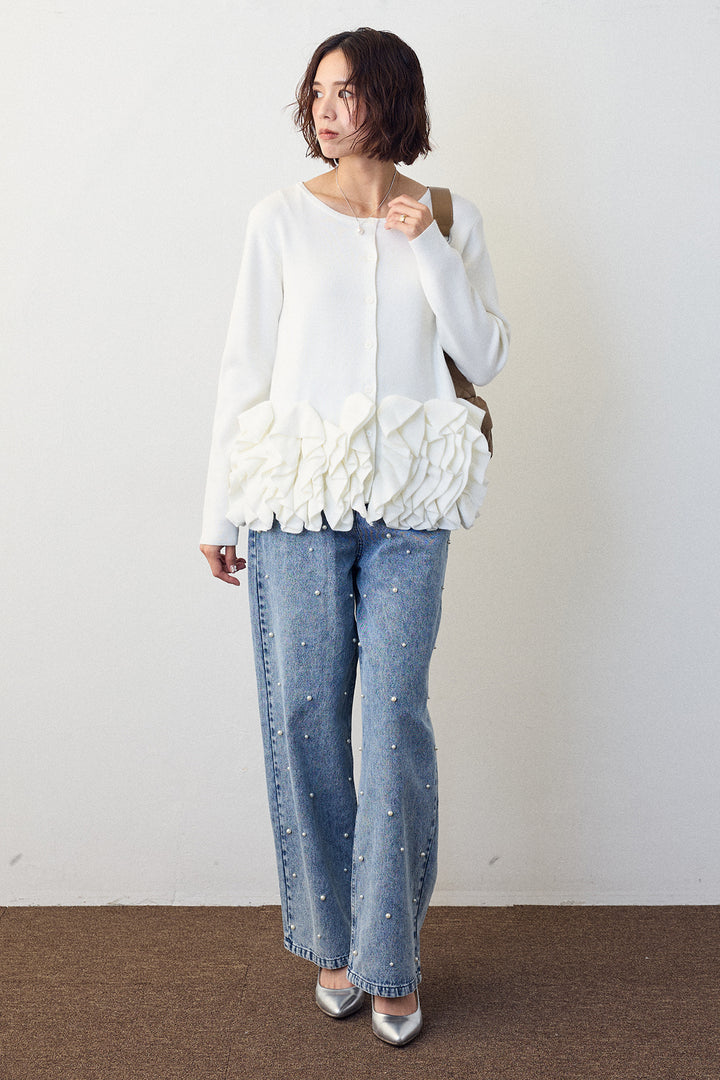 [予約/SET]フリルホイップニットカーディガン+パールスタッズストレートハイウエストデニム(2set)