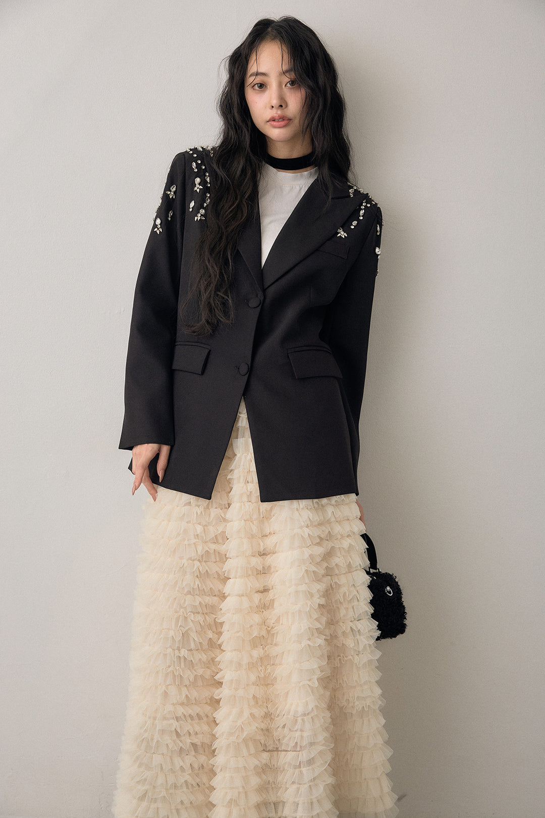 [予約/SET]ショルダービジューマニッシュジャケット+ホイップチュールティアードスカート(2set)