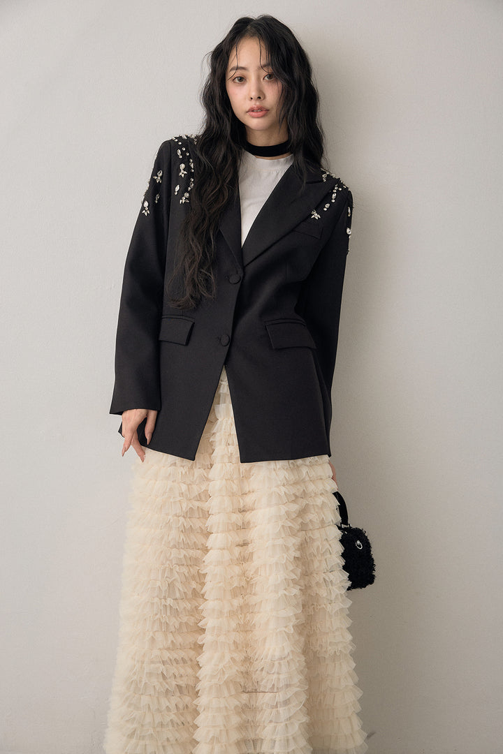 [予約/SET]ショルダービジューマニッシュジャケット+ホイップチュールティアードスカート(2set)