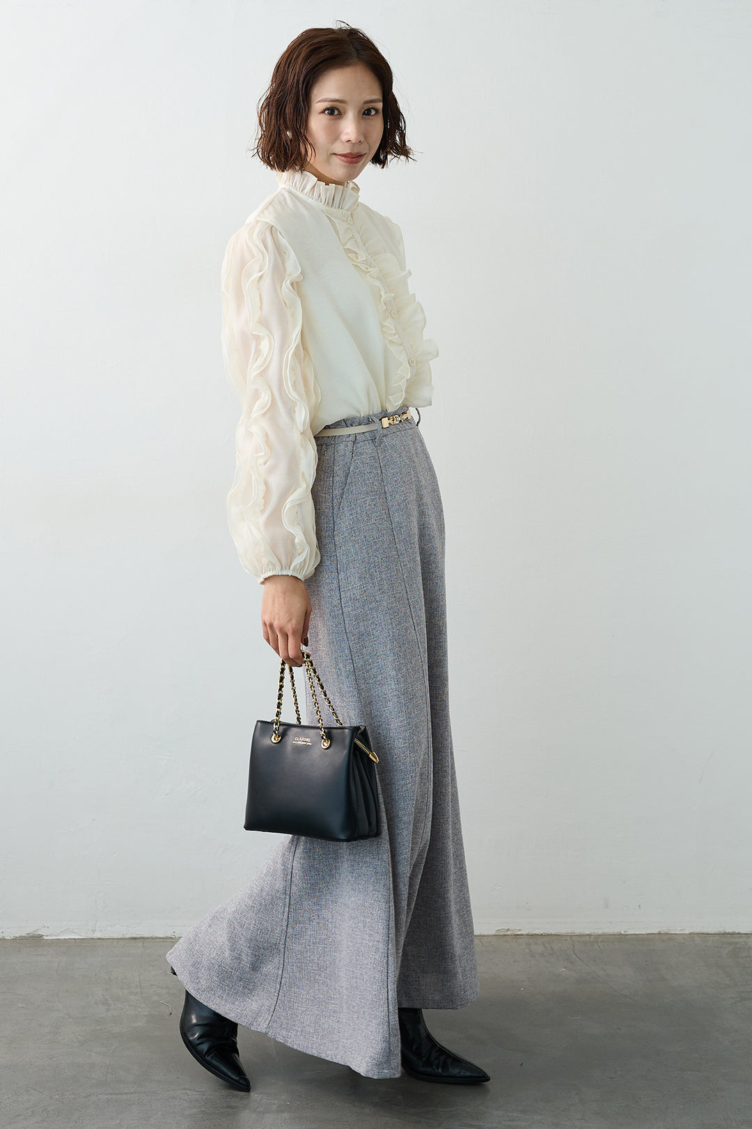 [予約/SET]エアリーフリルブラウス+スラブネップツイードフレアスカート(2set)