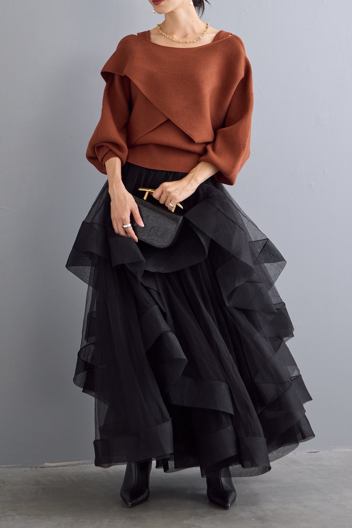 frene ランダムフリルティアードボリュームスカート ブラック 予約/SET]アシメケープタンクニットセット+ランダムフリルティアード