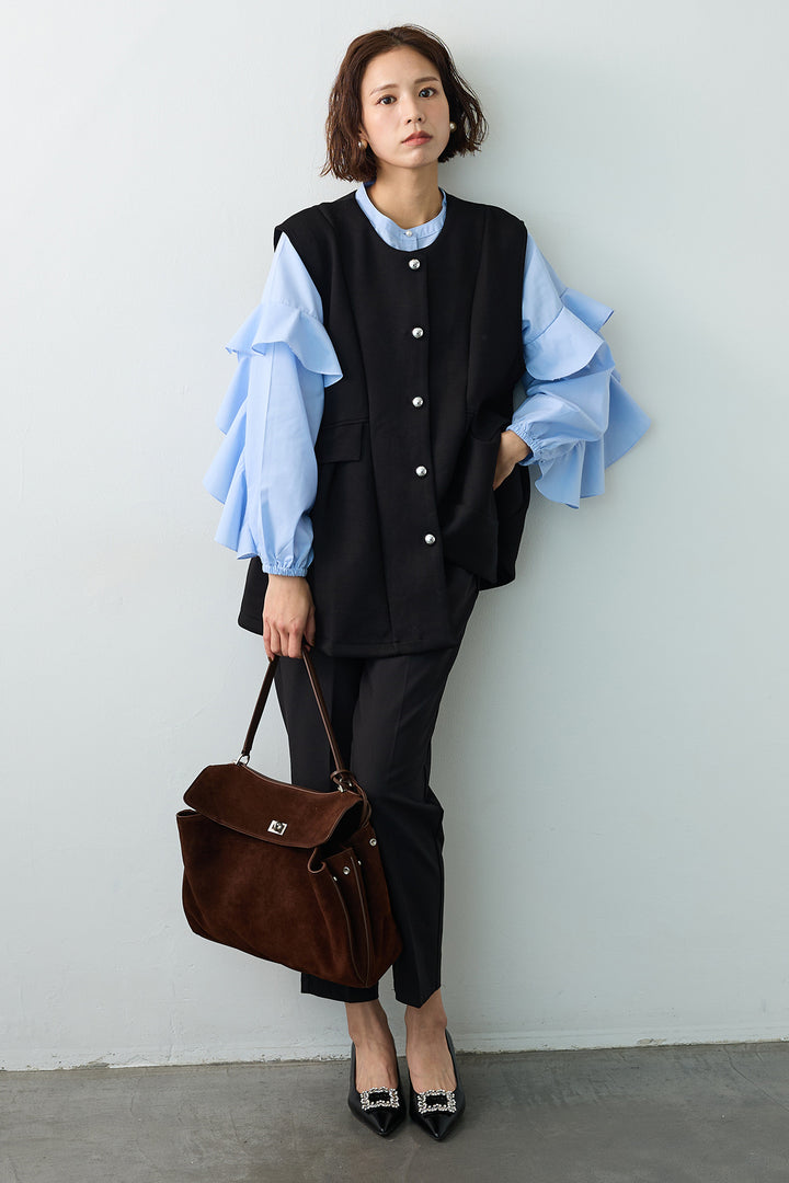 [予約/SET]ティアードフリルスリーブパールボタンブラウス+ペプラムラインシルバーボタンジレ+タックテーパードパンツ(3set)