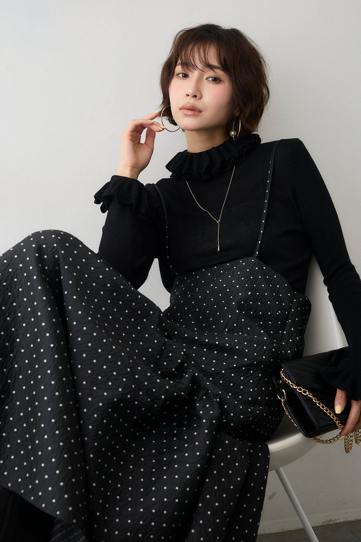 [予約/SET]ダブルフリルカラーニットプルオーバー+ドットジャガードギャザーフレアスカート(2set)
