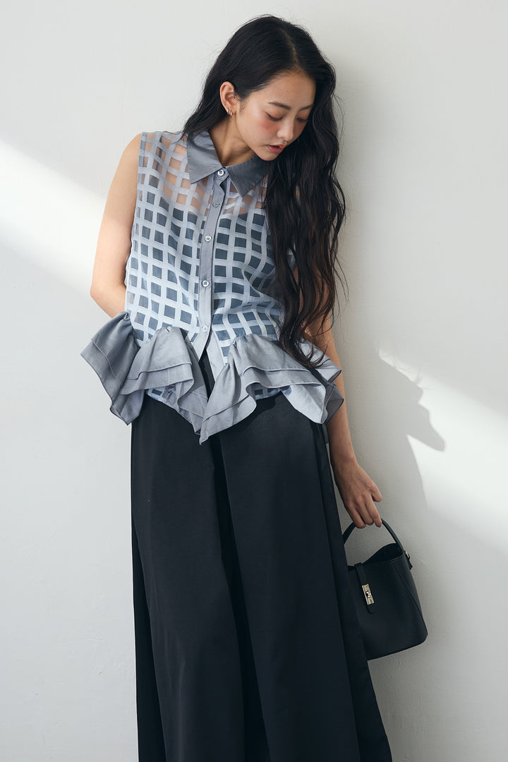 [予約/SET]シアーチェックフリルヘムシャツ+フロントサイドタックワイドパンツ(2set)