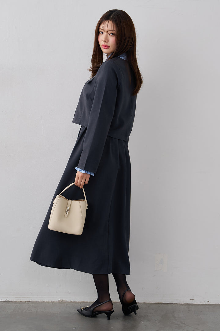 [予約/SET]ミニフリル襟ボリュームスリーブブラウス+ノーカラークロップドジャケットスカートセット(2set)