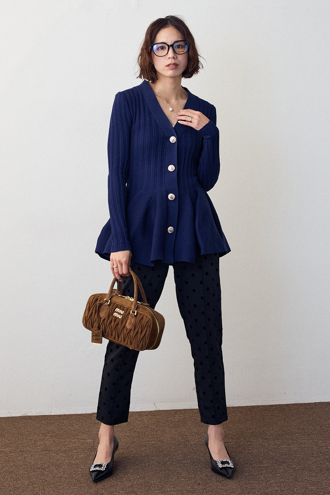 [予約/SET]リブ美ラインペプラムニット+ドット柄センターラインテーパードパンツ(2set)