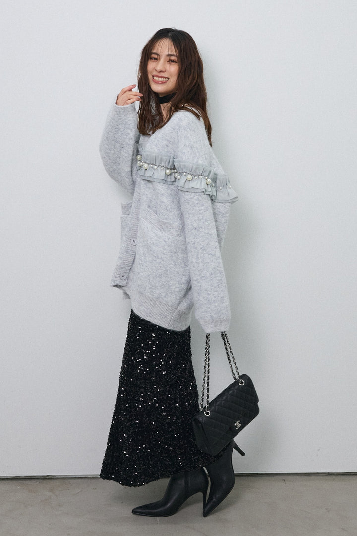 [予約/SET]フリルパールドッキングニットコーディガン+スパンコールシャイニースカート(2set)