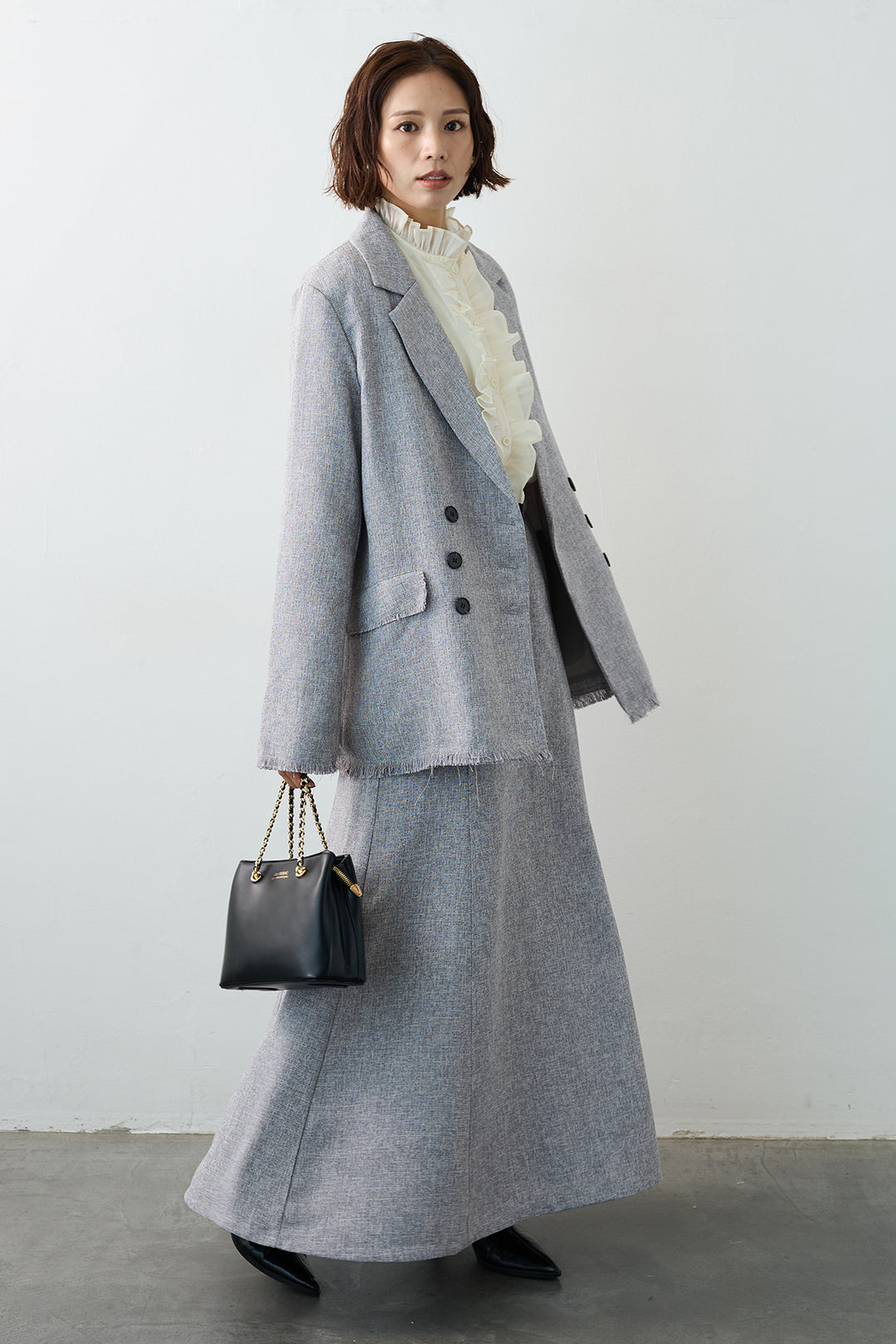 [予約/SET]エアリーフリルブラウス+スラブネップツイードフリンジテーラージャケット+スラブネップツイードフレアスカート(3set)