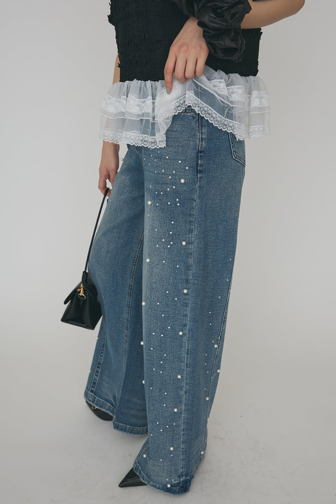 [予約/SET]サマーツイード異素材ドッキングトップス+パールラインストーンハイウエストデニム(2set)