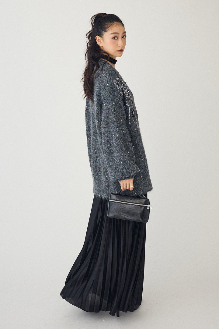 [予約/SET]ビーズフラワースパンコールシャイニーニットカーデ+シャイニープリーツサテンスカート(2set)