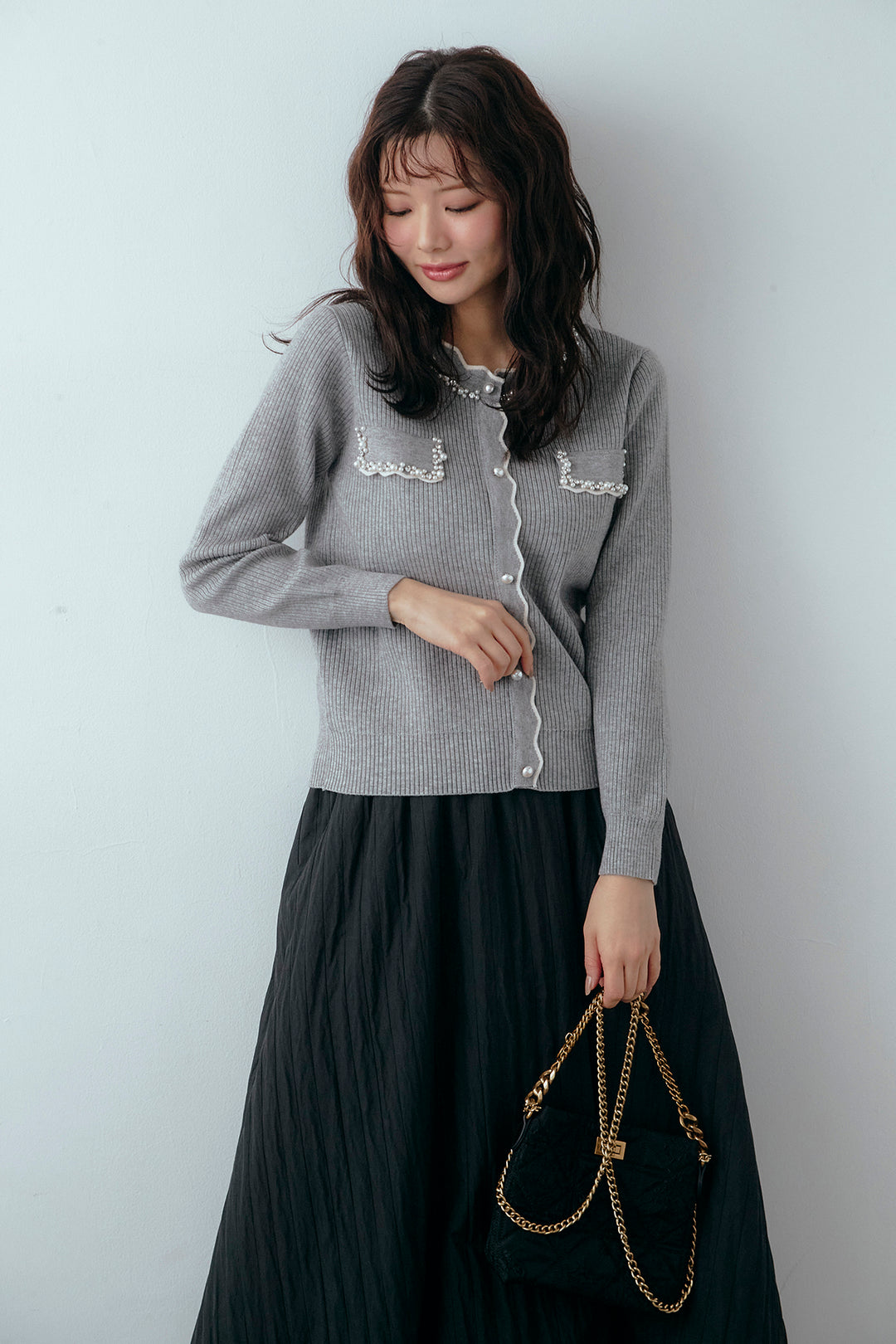 [予約/SET]ビジューパールデザインニットカーデ+ソフトキルトバルーンスカート(2set)