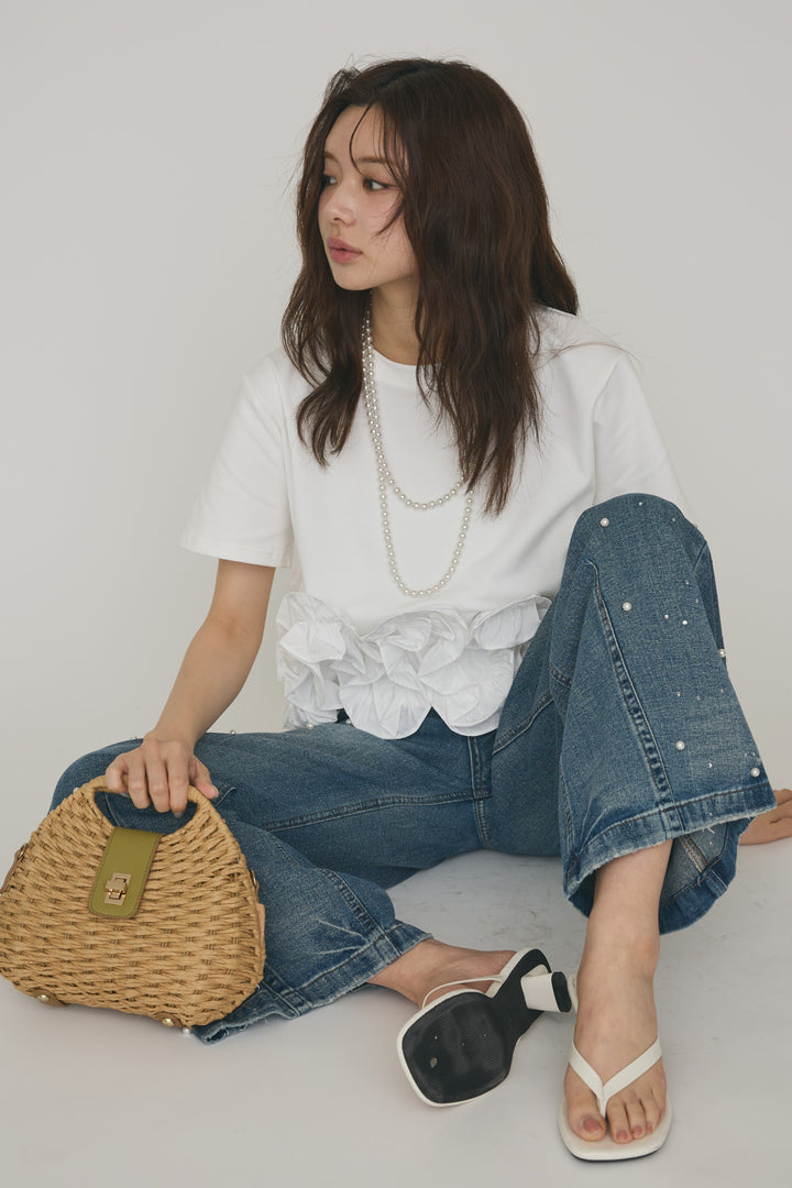 [予約/SET]フリルウェーブヘムカットTシャツ+パールラインストーンハイウエストデニム(2set)