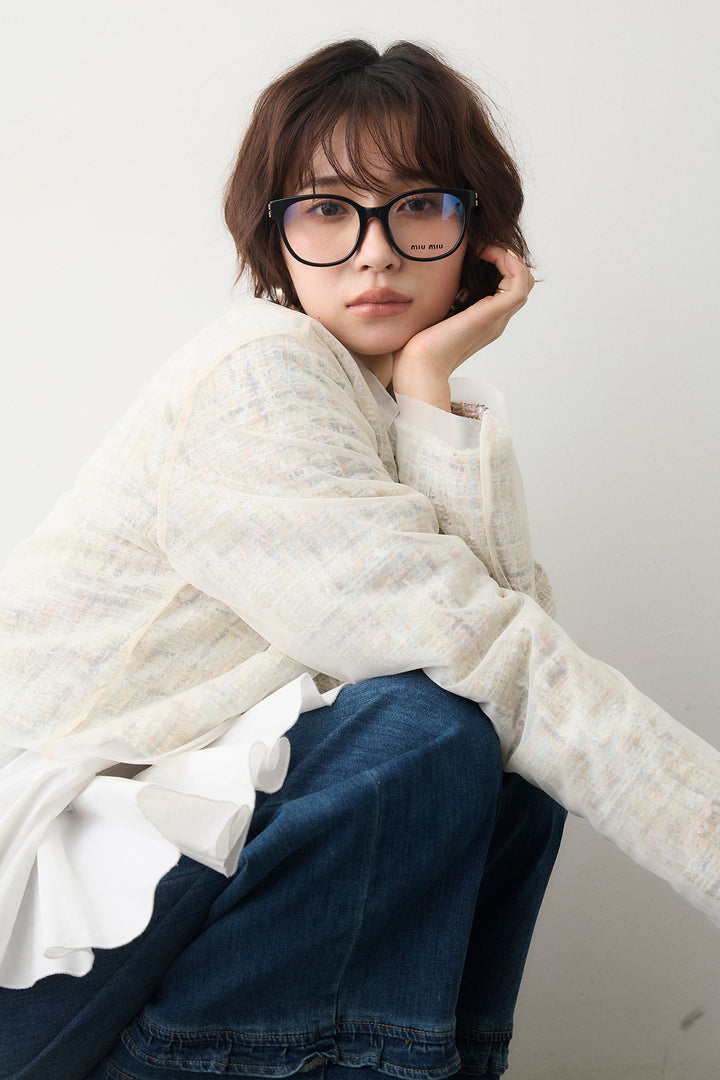 [予約/SET]パネルフレアヘムシャツ+ツイード×チュールレイヤードクロップドジャケット(2set)