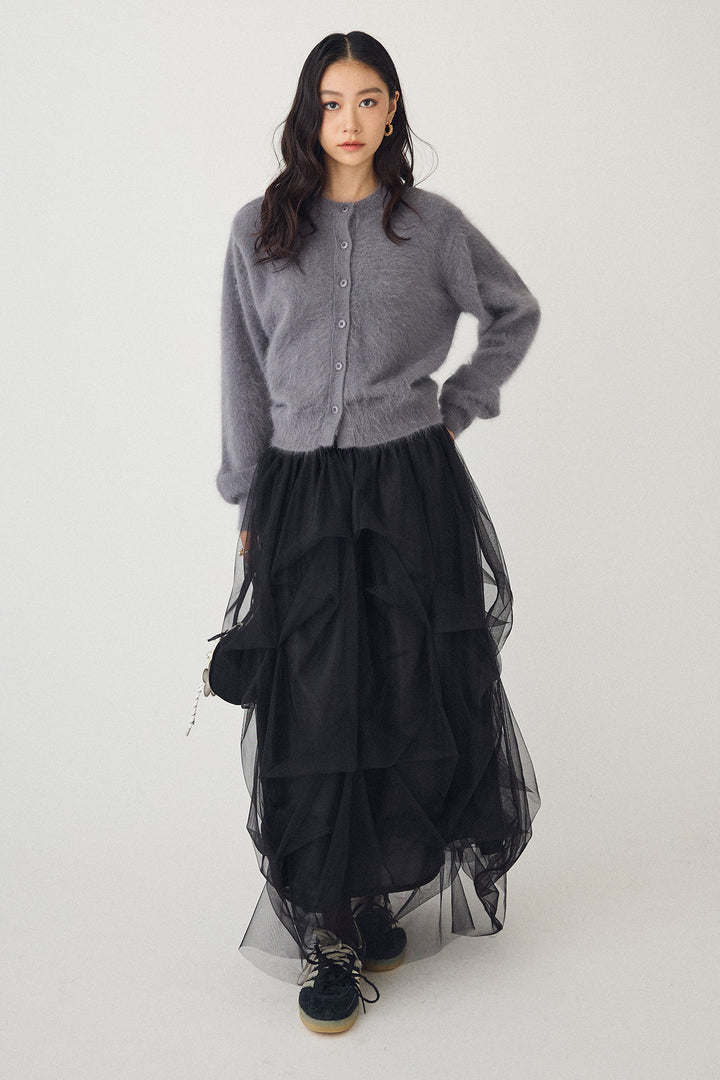 [予約/SET]ウールソフトカーディガン+マルチパターンタックチュールスカート(2set)