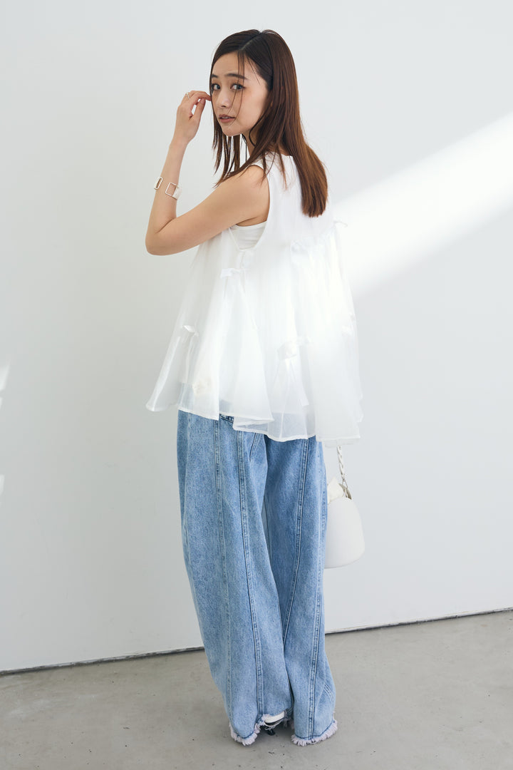 [予約/SET]リボンデコレートトップス+アイスウォッシュデニムパンツ(2set)