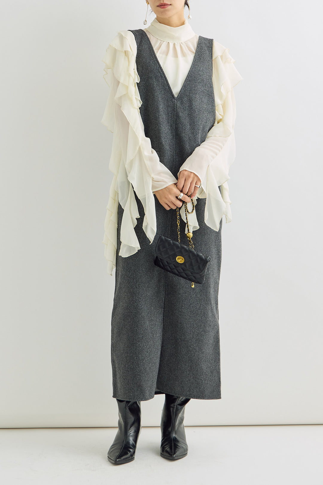 [予約/SET]シフォンツイストラッフルブラウス+フェイクウールVネックジャンバースカート(2set)