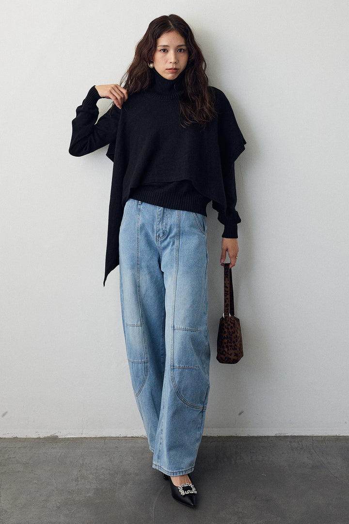 [予約/SET]アシメケープ2wayニット+ステッチ美ラインカーブデニムパンツ(2set)