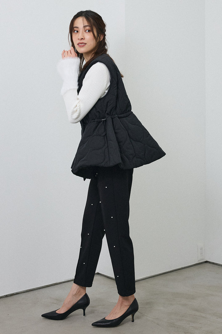 [予約/SET]フェザー切替スリーブフレアニット+キルティングフレアシルエットベスト+センターシームランダムパールパンツ(3set)