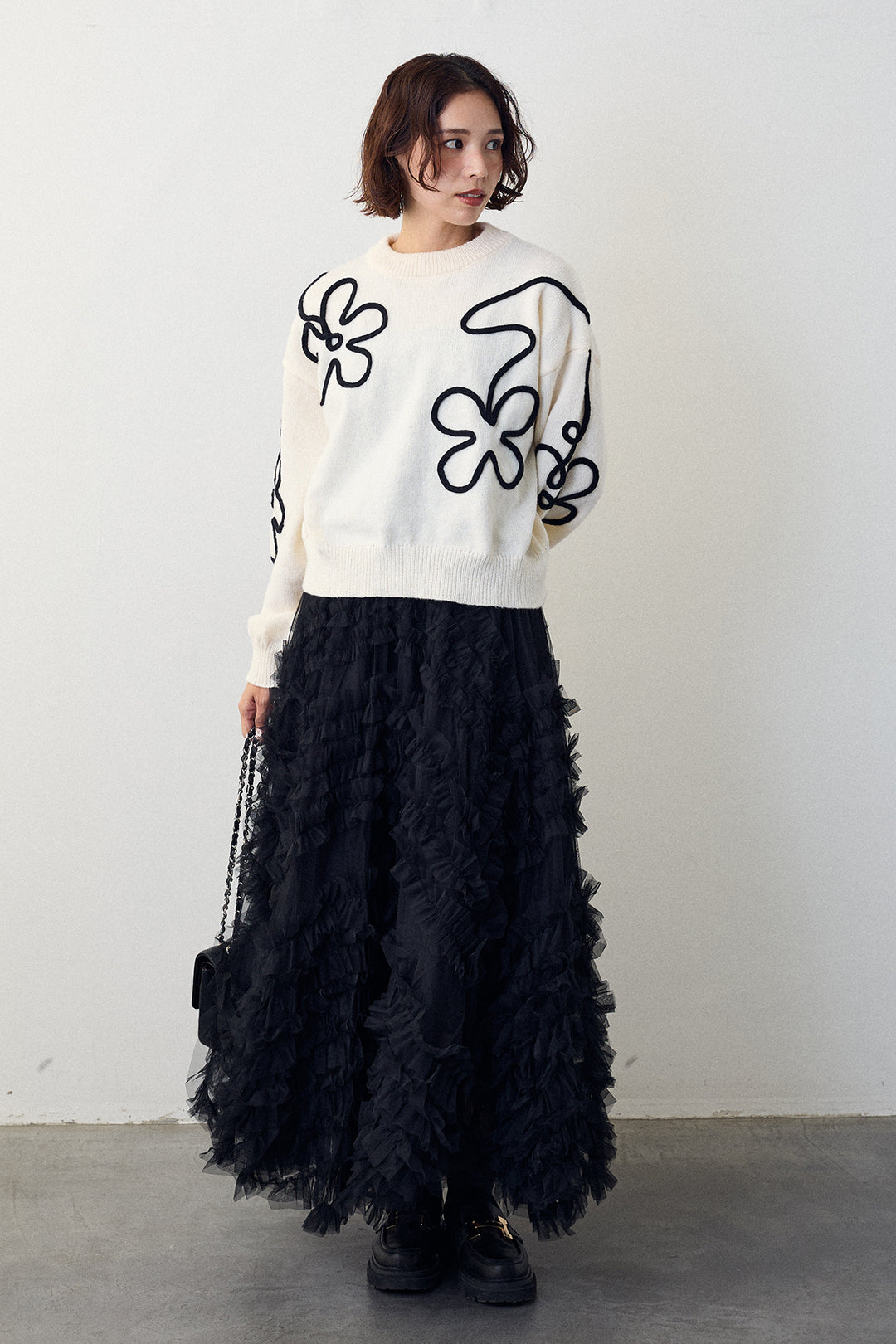 [予約/SET]コードフラワーニットプルオーバー+スフレアシメチュールスカート(2set)