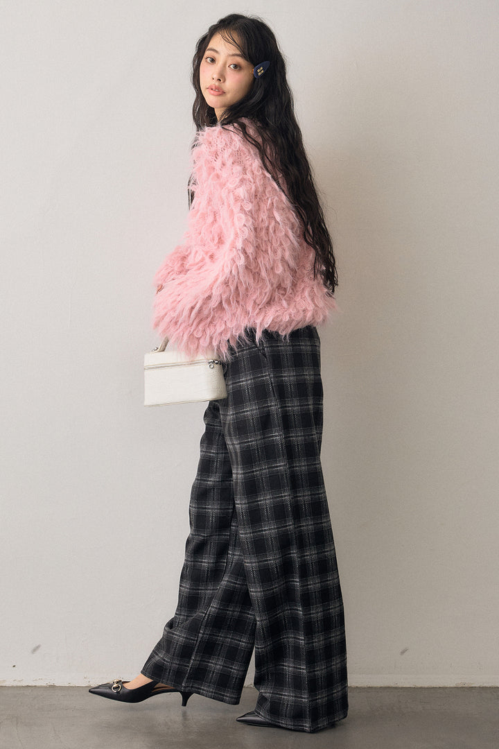 [予約/SET]2連パール付け襟+ループシャプルオーバーニット+クラシカルチェックフラワーモチーフ付きパンツ(3set)