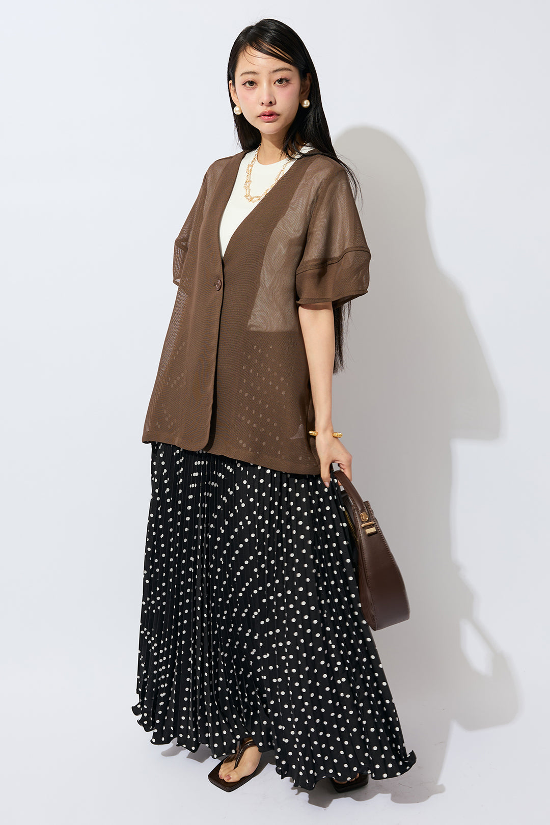 [予約/SET]メッシュパフスリーブシアージャケット+ドットプリーツロングスカート(2set)