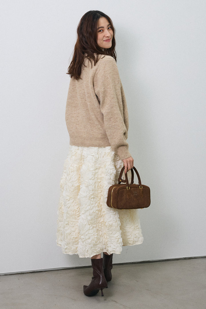 [予約/SET]配色レイヤードニットカーデ+ローズフラワー立体フレアスカート(2set)