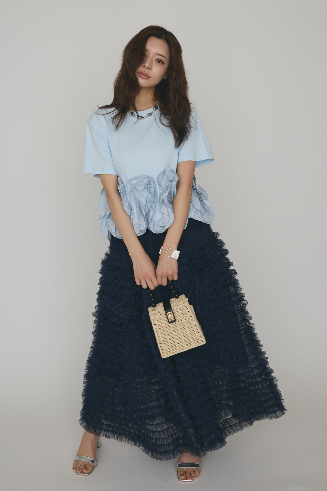 [予約/SET]フリルウェーブヘムカットTシャツ+ホイップチュールティアードスカート(2set)