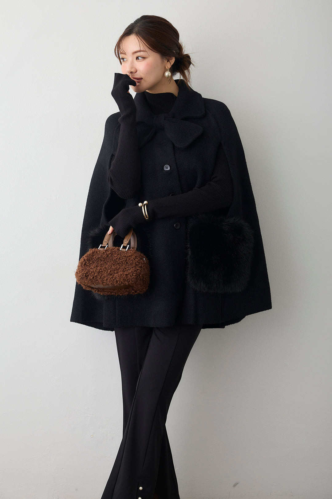 [予約]ウールタッチファーポケットポンチョコート