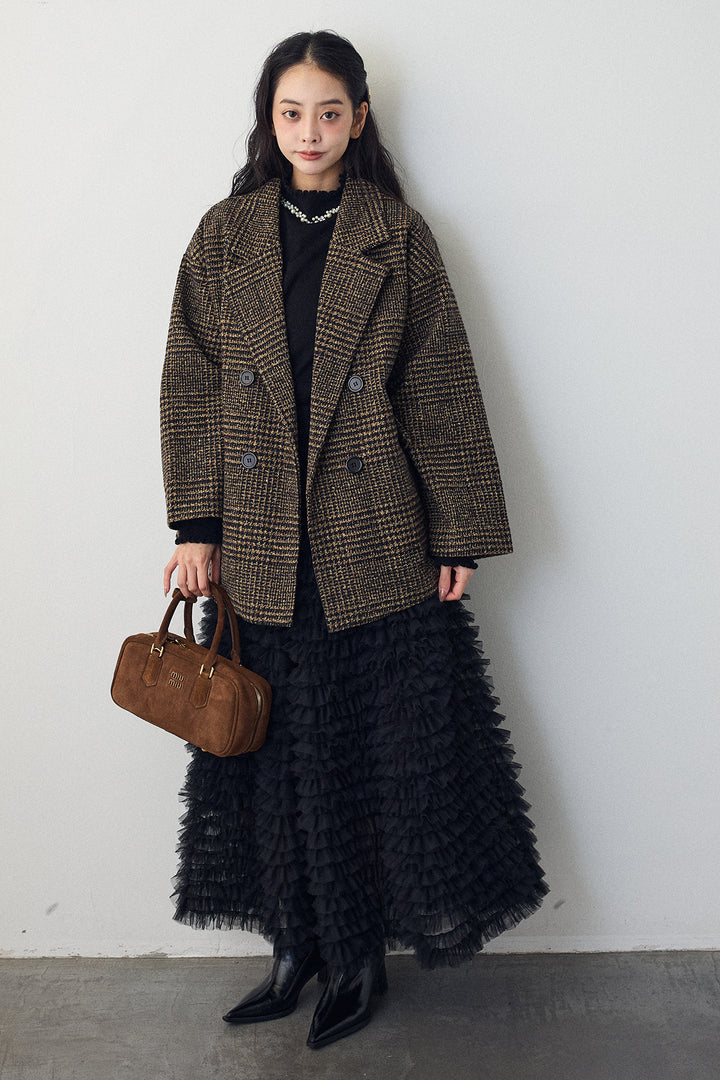 [予約/SET]チェック柄ボクシーコート+ホイップチュールティアードスカート(2set)