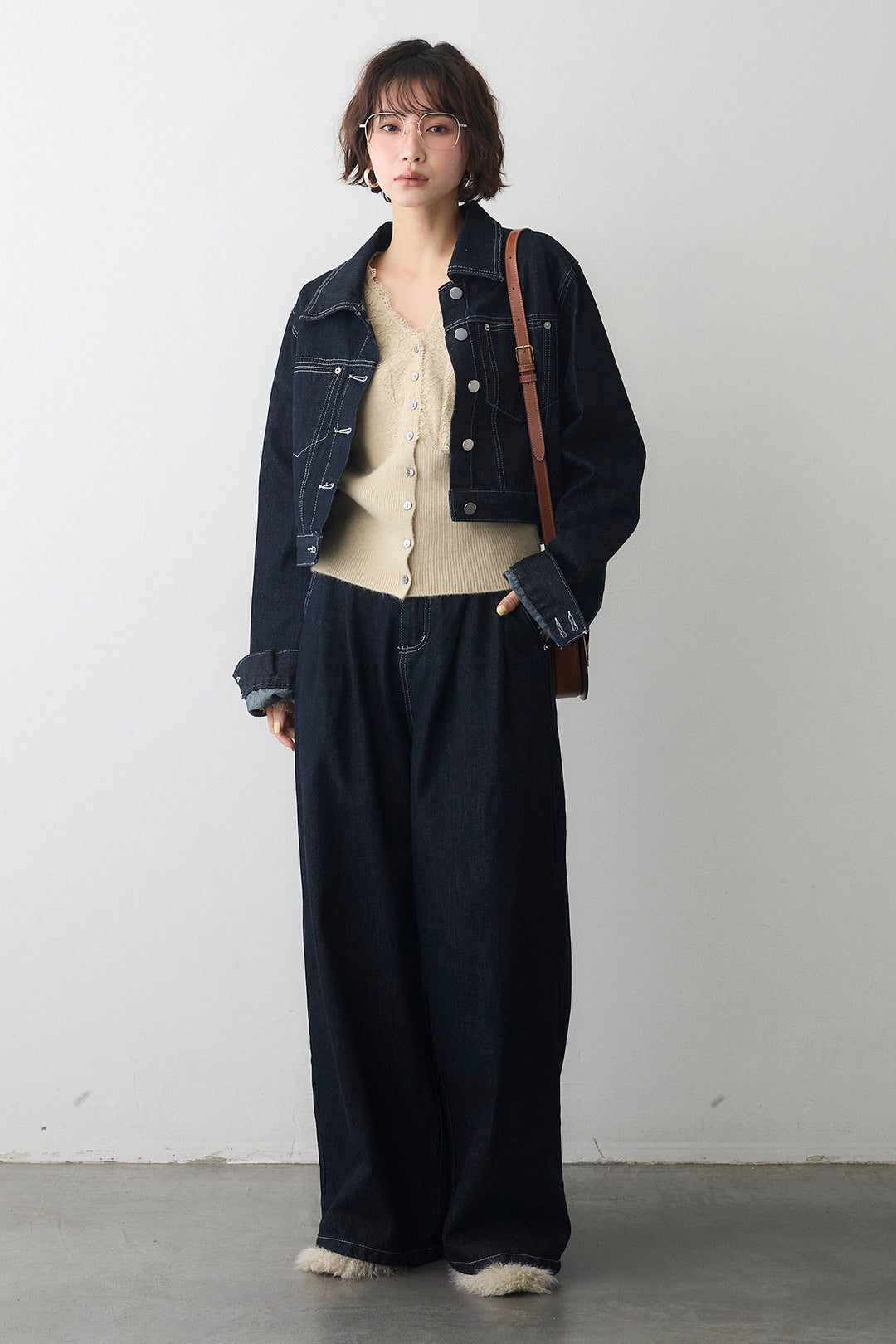 [予約/SET]レースVラインボタンニット+クロップドデニムセットアップ(2set)