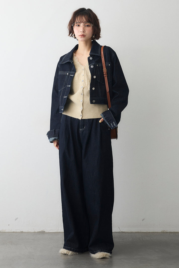 [予約/SET]レースVラインボタンニット+クロップドデニムセットアップ(2set)