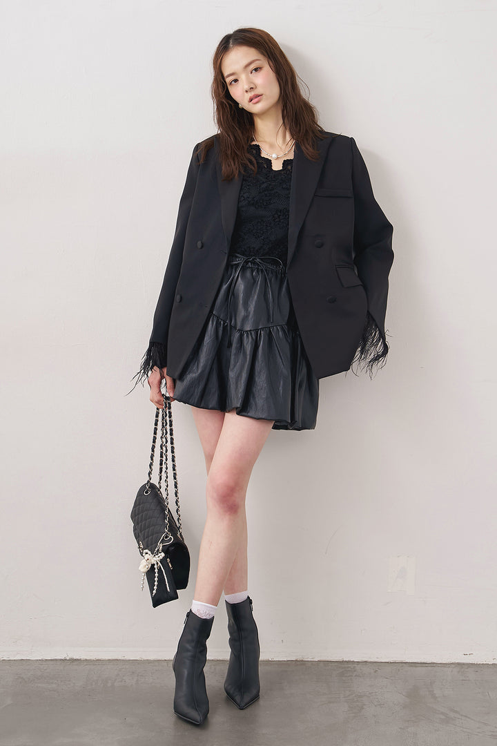 [予約/SET]クラシカルレースVネックトップス+エアリーファザーレディライクジャケット+フェイクレザーティアードバルーンミニスカート(3set)
