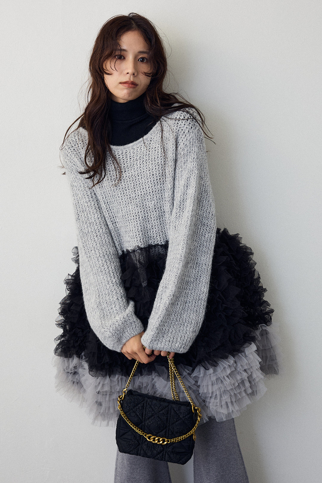 [予約/SET]ホイップチュールドッキングニットワンピ+リブストレッチフレアニットパンツ(2set)