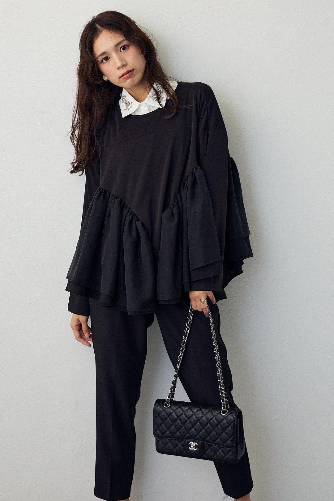 [予約/SET]ビジュー付け襟+フリルテール異素材切替チュニック(2set)