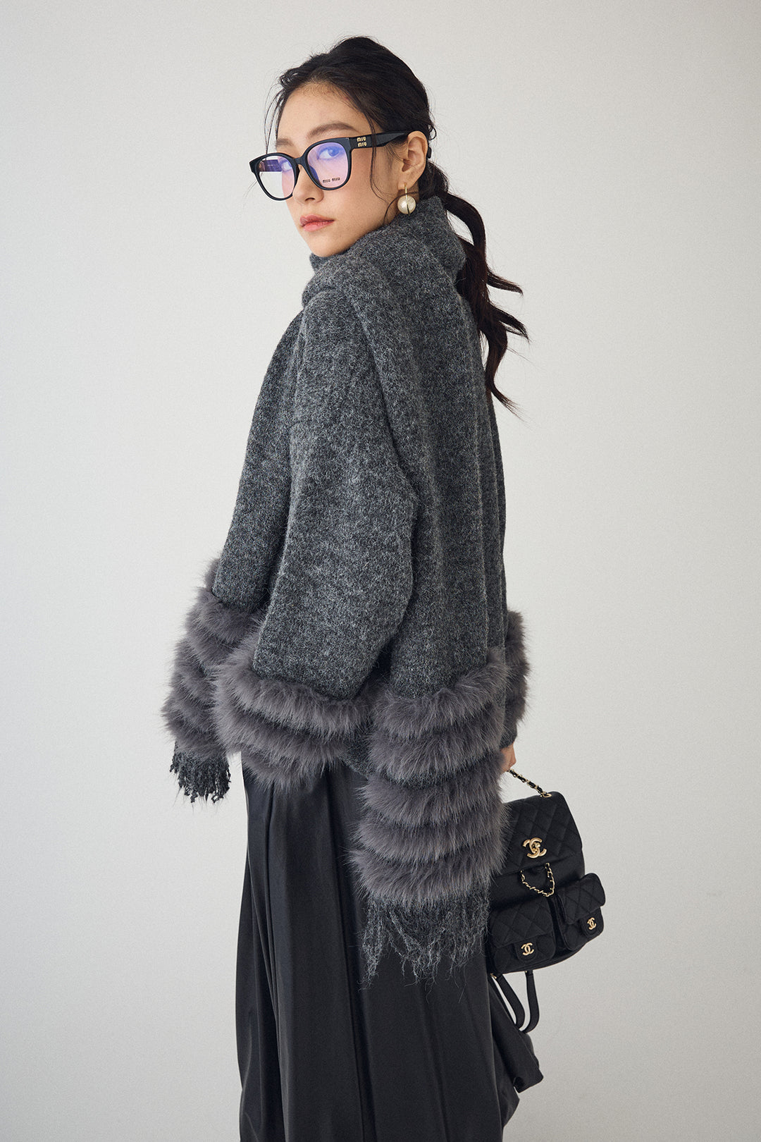 [予約/SET]マフラー付きファーラインデザインニットカーデ+レザーライクバルーンスカート(2set)