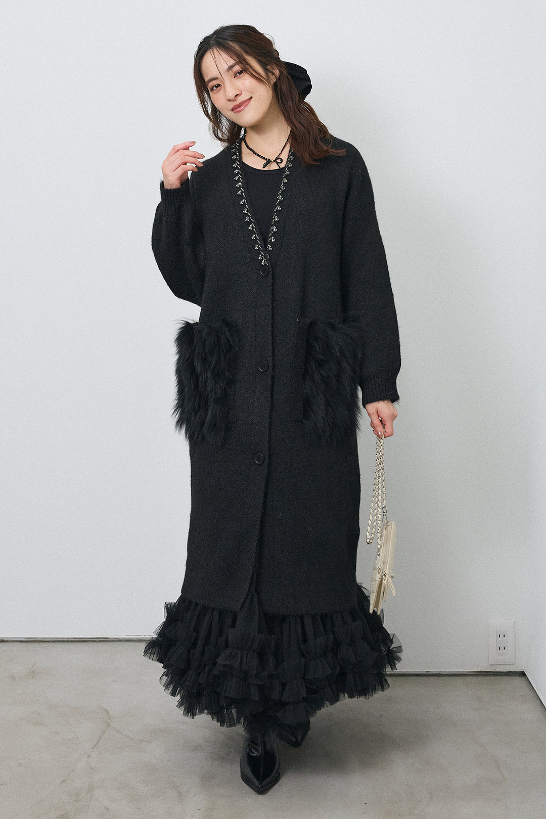 [予約/SET]ファーポケットロングニットカーデ+スウィートチュールフリルスカート(2set)