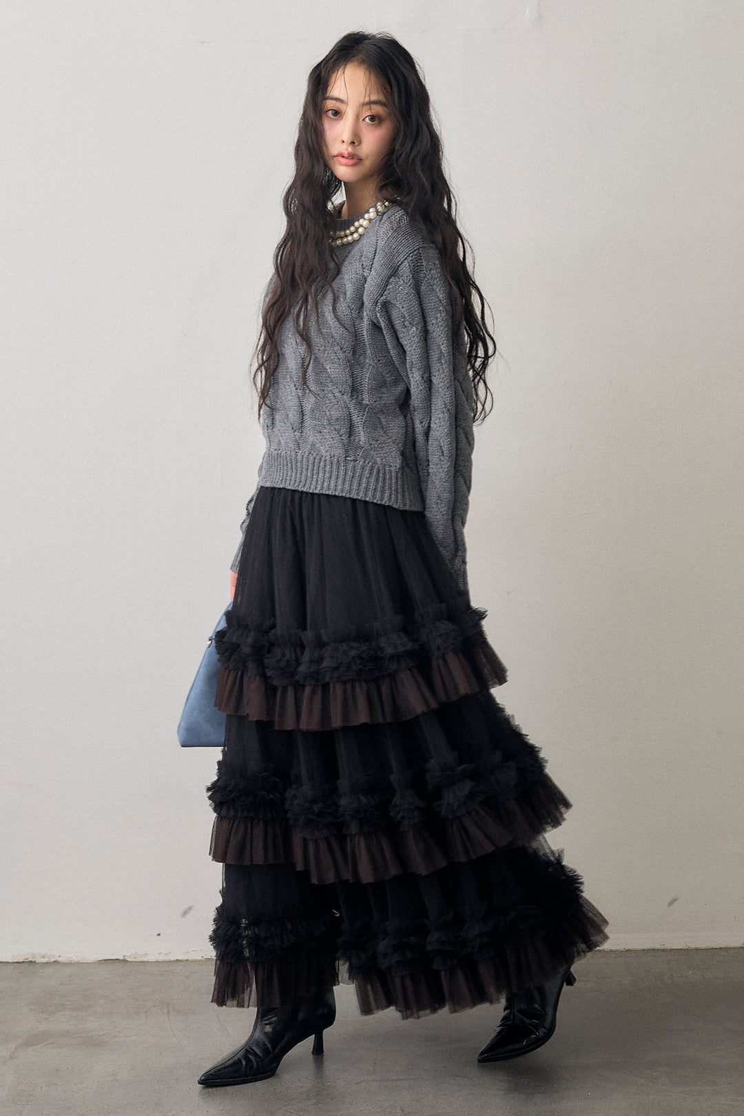 [予約/SET]ネックパールケーブル編みニット+配色フリルティアードロマンティックスカート(2set)