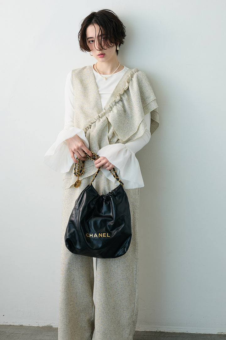 [予約/SET]サイドギャザーフレアチュールカフストップス+サマーツイードマルチウェイロンパース(2set)