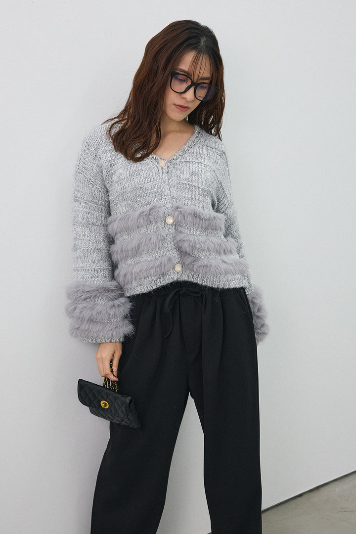 [予約/SET]ネックビジューラインファーニットカーデ+2タック美シルエットパンツ(2set)